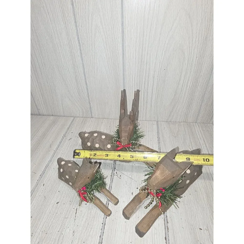 Wood Deer Family Buck Doe Fawn Wood Figures Christmas Decor Hand Carved Folk Art